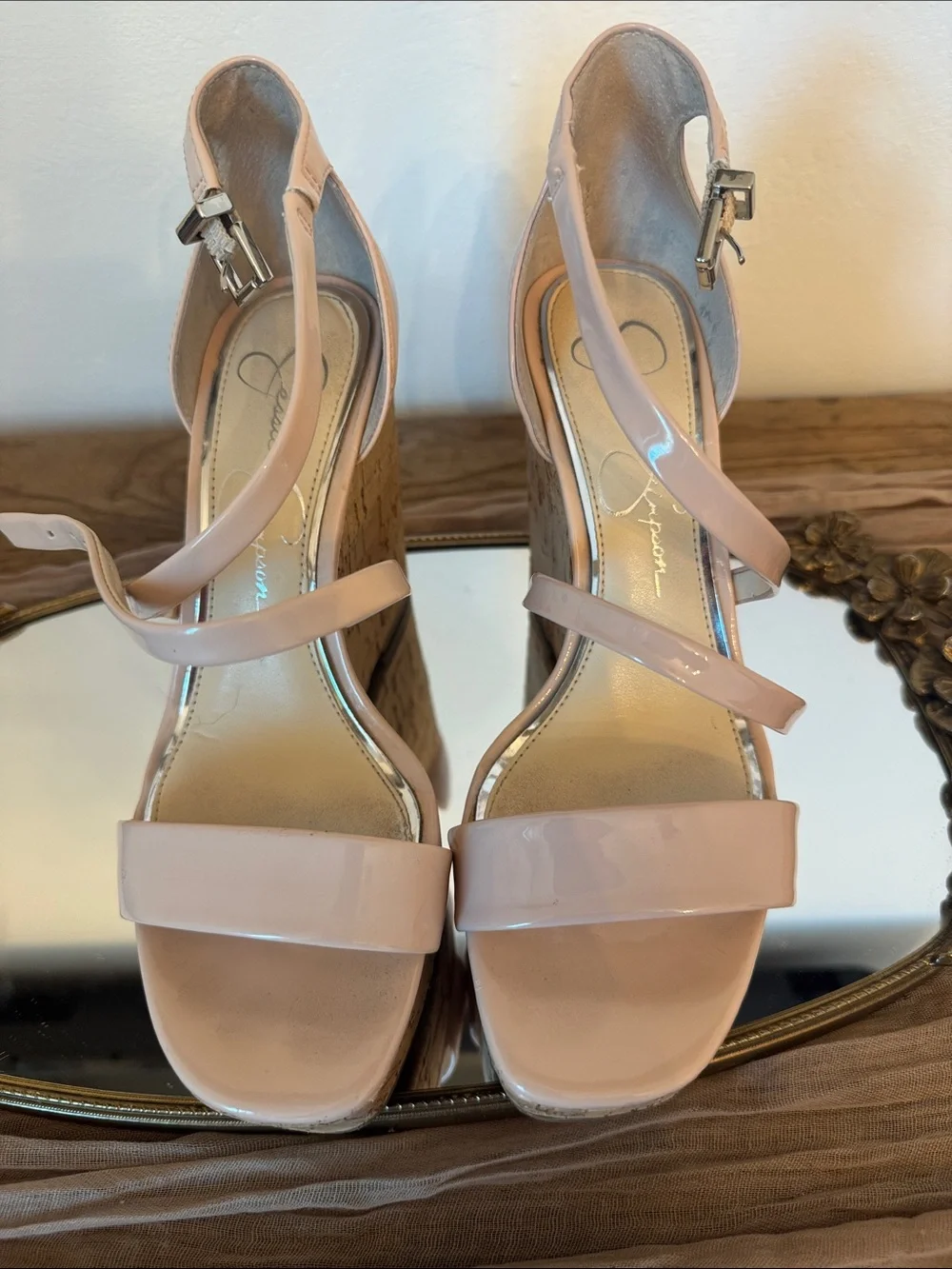 Jessica Simpson Pastel Pink Patent Cork Wedge Strappy Sandals
